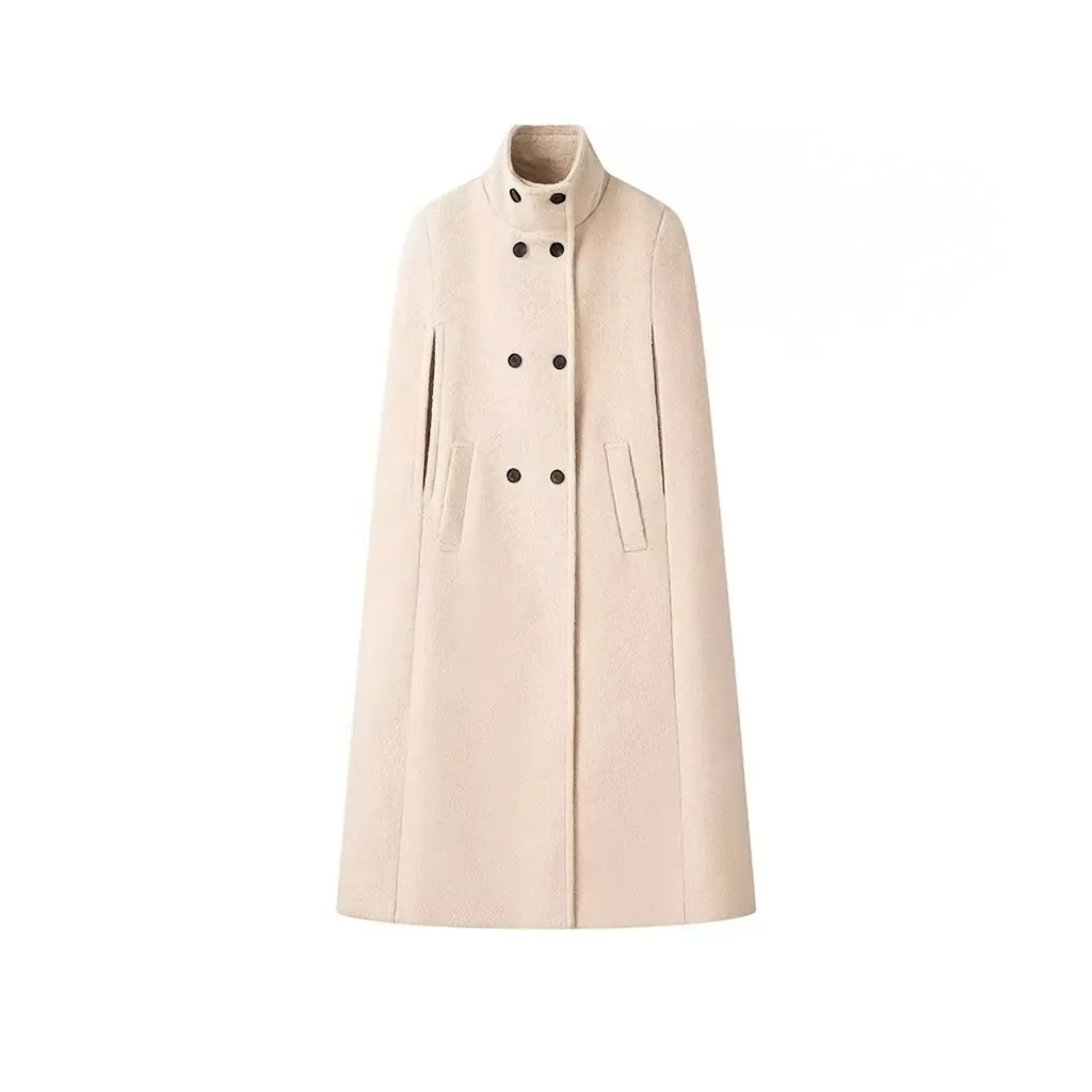 Cappotto a Mantella Doppio Petto Elegante da Donna Collo Alto Giacca Mantello Lunga in Poliestere per Autunno Inverno Ufficio Pendolarismo