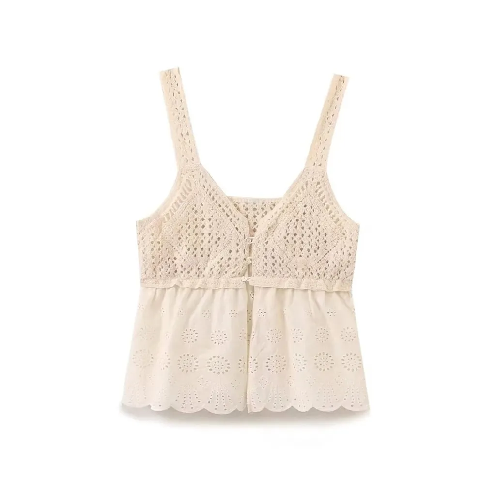Women Crochet Patchwork Camisole Top Eyelet Embroidery Scalloped Hem V Neck Button Down Sleeveless Boho Beach Tank Top