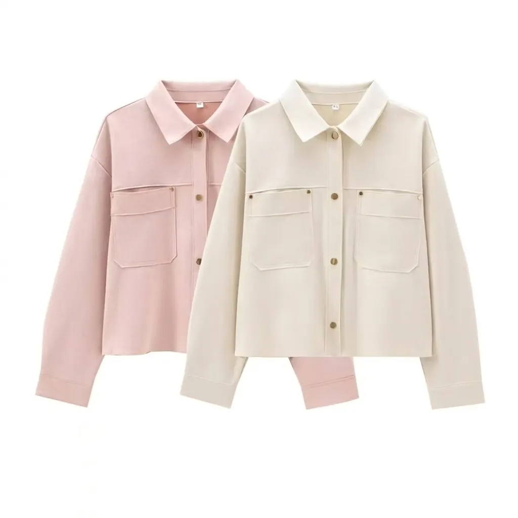 Women Suede Texture Short Jacket Long Sleeve Polo Collar Solid Color Single Breasted Utility Jacket With Flap Pockets Outerwear