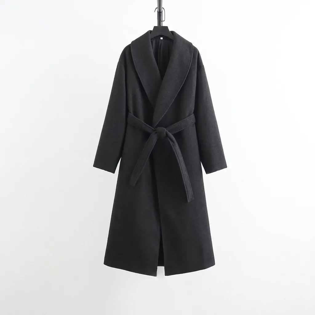 Women's Long Woolen Style Coat Shawl Collar Slim Fit Belted Solid Color Autumn Winter Outerwear Jacket