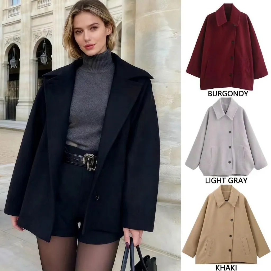 Women Casual Wool Blend Jacket Lapel Single Breasted Loose Fit Coat Solid Color Streetwear Warm Outerwear For Autumn Winter Top