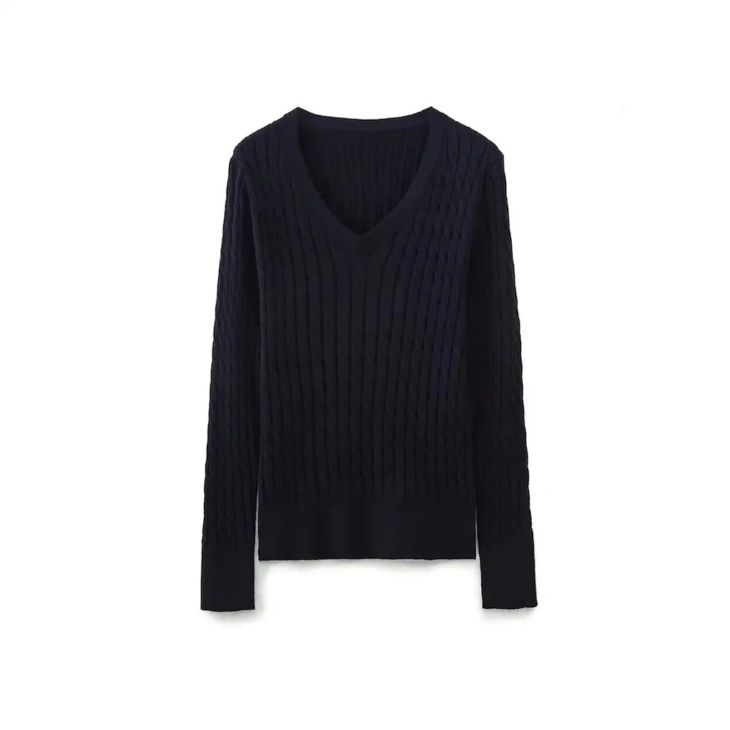 Pull Femme Col en V en Maille Torsadée Manches Longues Couleur Unie Poignets à Côtes Tricot Coupe Régulière Automne Hiver