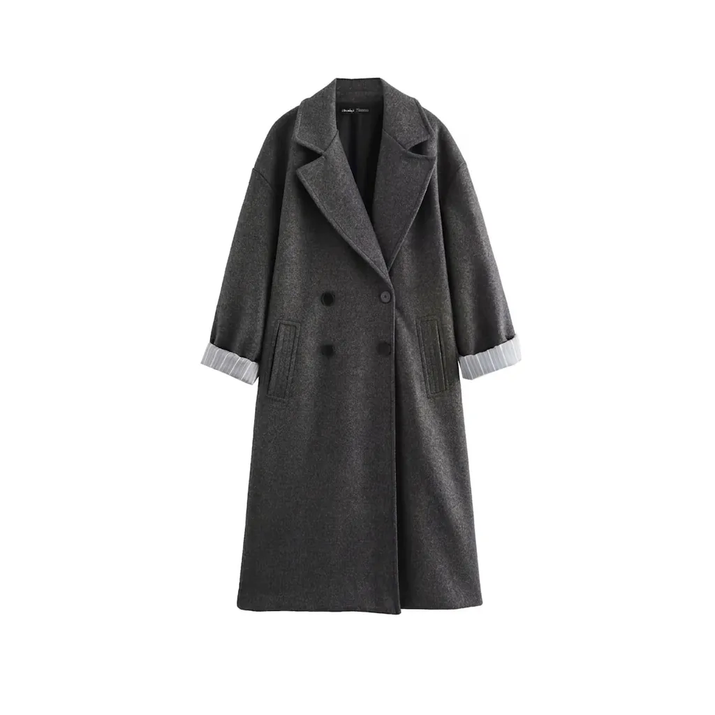 Women's Casual Double Breasted Long Woolen Coat Elegant Solid Color Suit Lapel Overcoat With Striped Lining Outerwear