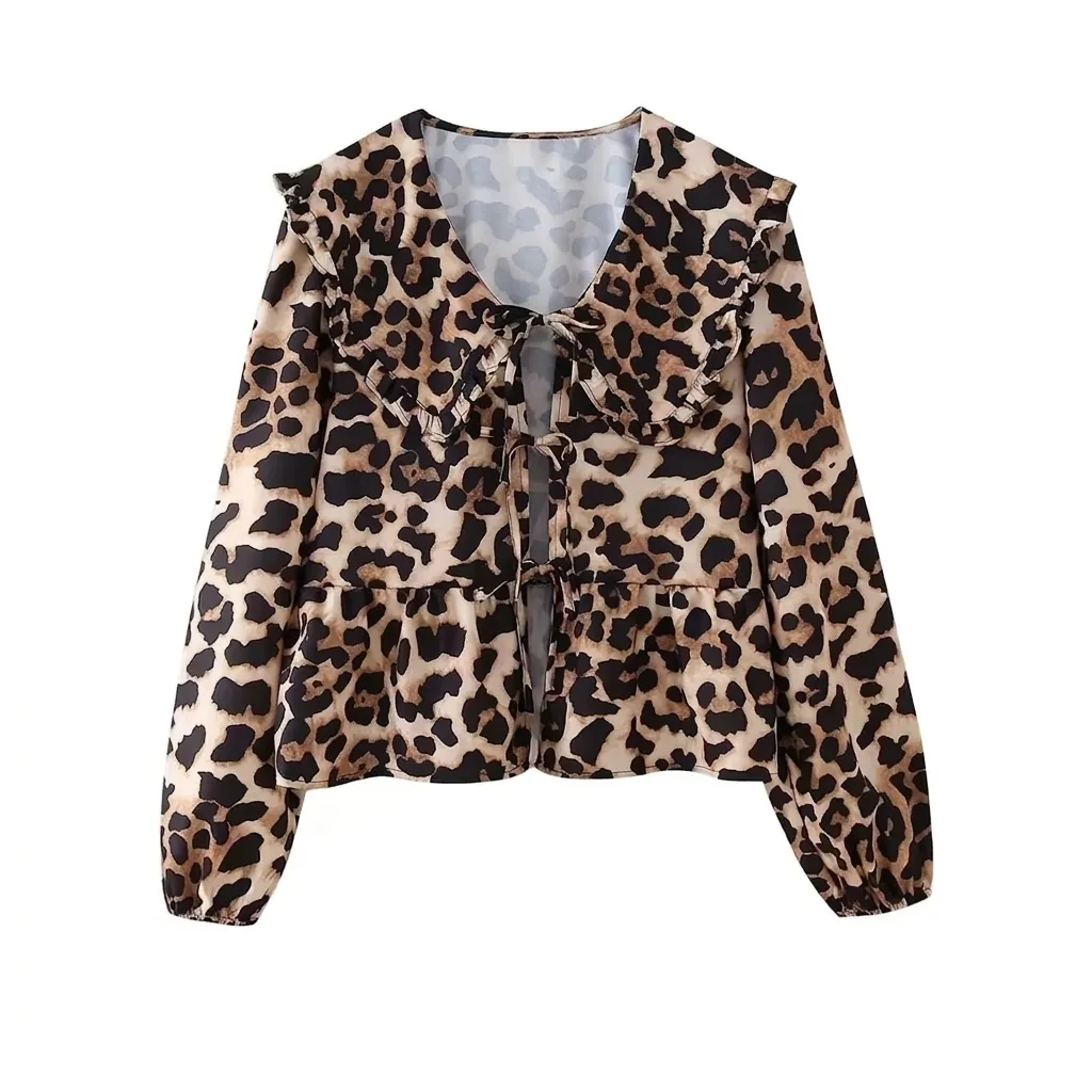 Women Leopard Print Blouse Long Sleeve Peter Pan Collar Ruffle Tie Front Bow Vintage Animal Pattern Shirt Top