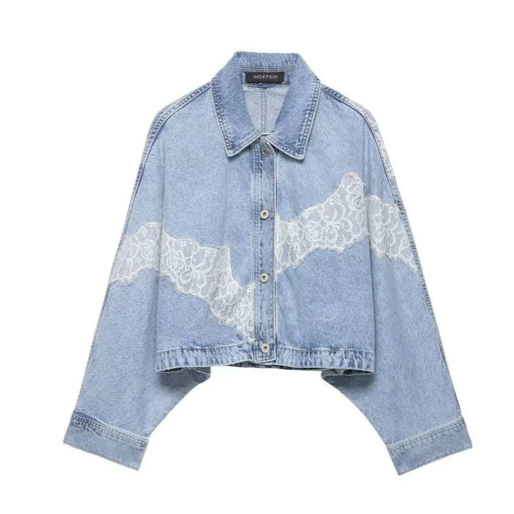 Women's Casual Lace Patchwork Denim Jacket Long Sleeve Button Down Short Jean Coat Floral Embroidery Outerwear