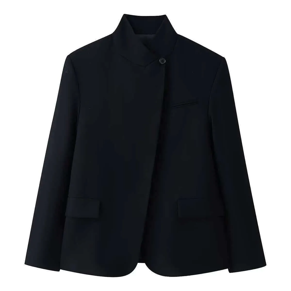 Veste Blazer Noire Minimaliste pour Femme Col Montant Coupe Slim Mi-Longue Polyester Manches Longues pour le Bureau