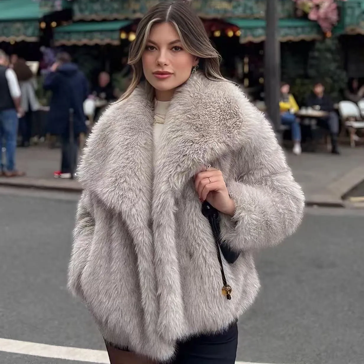 Manteau Femme en Fausse Fourrure Épaisse Chaude Revers Surdimensionné Manches Longues Imprimé Léopard Veste Élégante