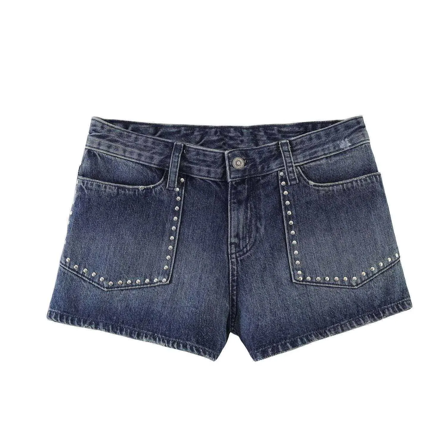 Pantaloncini di Denim a Vita Alta da Donna Con Borchie in Argento Lavaggio Blu Scuro Hot Pants Casual Streetwear