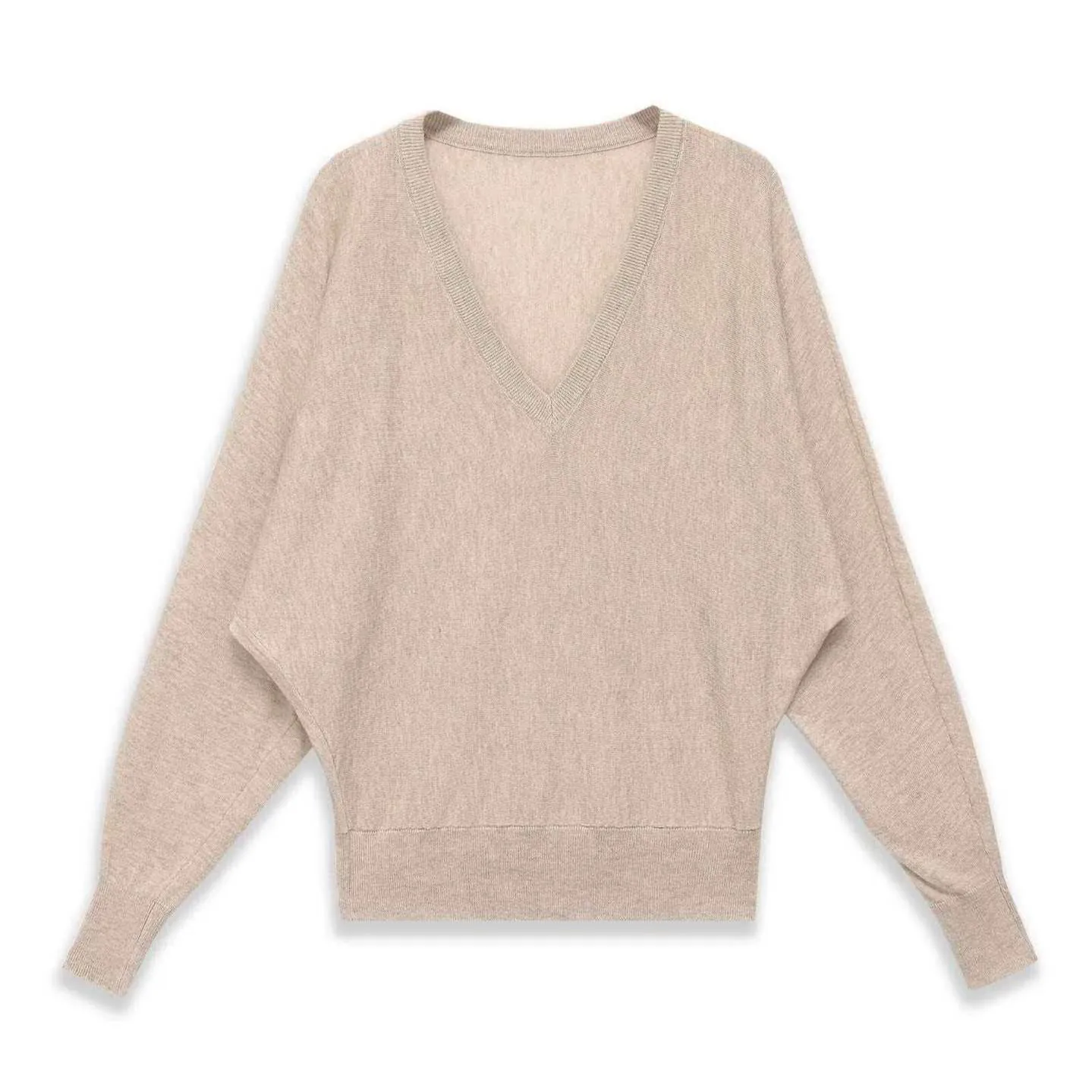 Women V-Neck Batwing Sleeve Knitted Sweater Minimalist Oatmeal Loose Fit Polyester Pullover Ribbed Cuff Casual Fall Top