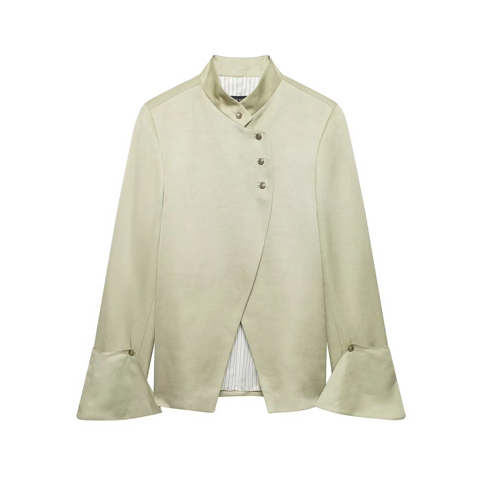 Women Retro Stand Collar Asymmetrical Blazer Elegant Yellow Green Flared Sleeve Striped Lining Button Outerwear Office Coat