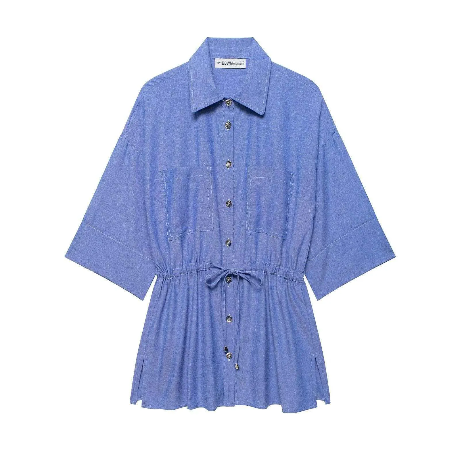 Camicia da Donna Elegante Blu con Coulisse in Vita Manica Corta Revers Monopetto Media Lunghezza Blusa in Poliestere Top Casual