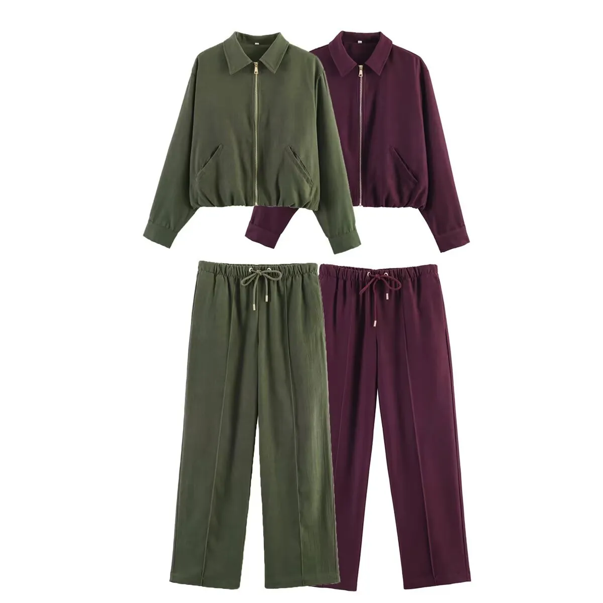 Women Fashion Solid Bomber Jacket And Wide Leg Pants Two Piece Set Casual Lapel Zipper Coat Drawstring Trousers Outfit