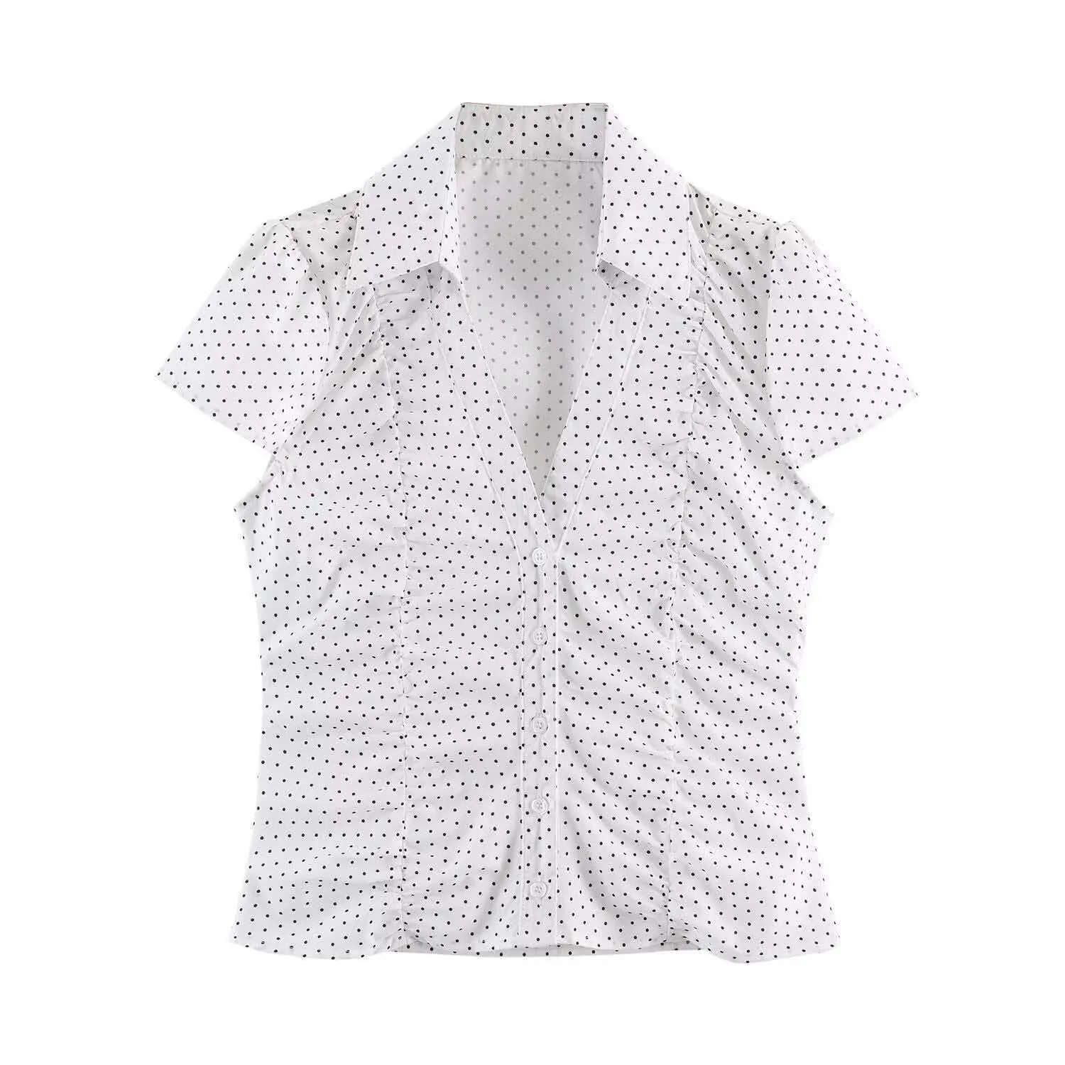 Women Vintage Ruched V Neck Short Sleeve Button Down Shirt Retro Polka Dot Solid Polyester Commuting Blouse Summer Tops