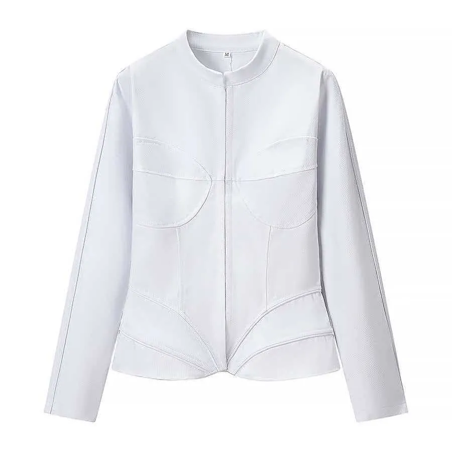 Women Slim Fit Stand Collar Zipper Jacket Solid Color Long Sleeve Corset Style Irregular Hem Polyester Outerwear Top