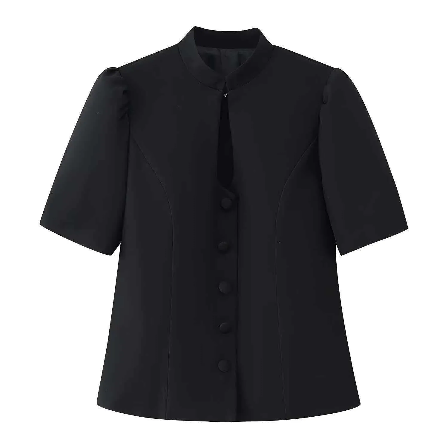 Women Slim Fit Short Sleeve Blazer Top With Mandarin Collar Puff Sleeve Button Up Elegant Solid Black Blouse