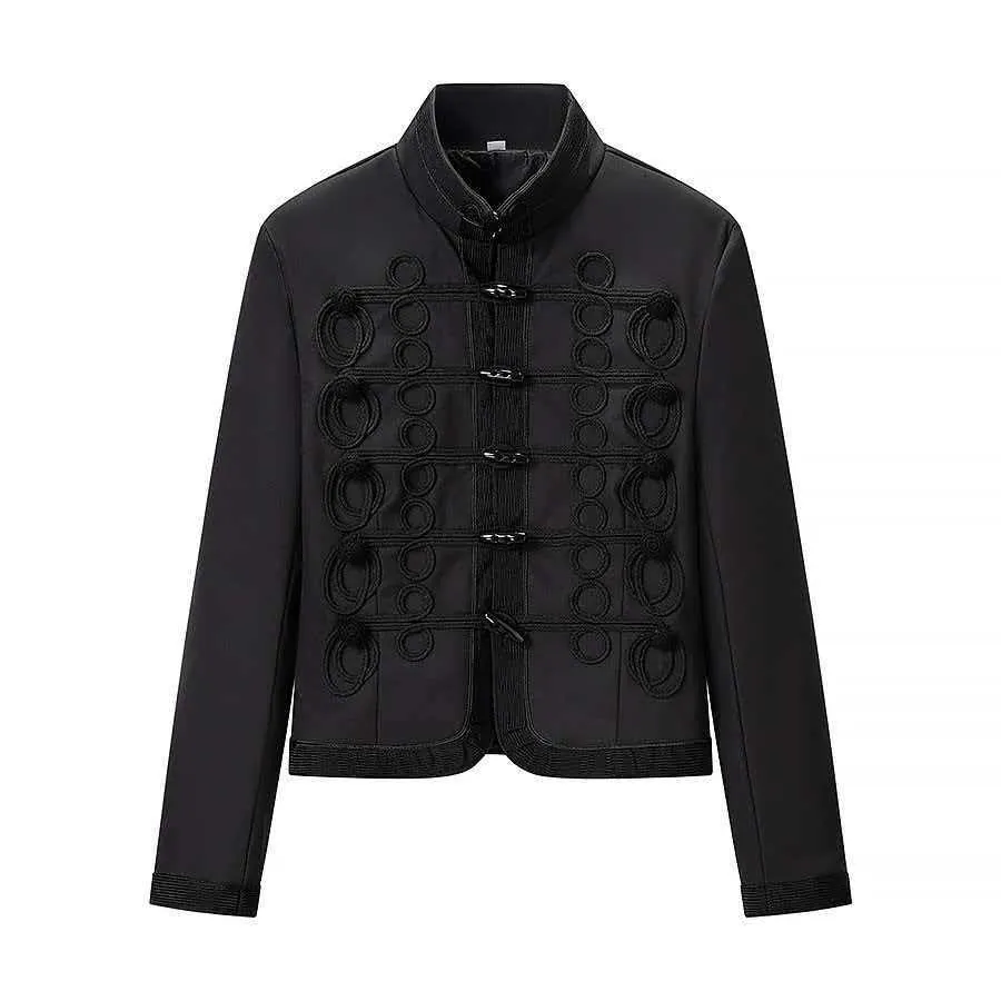 Women Vintage Military Hussar Style Short Jacket Mandarin Collar Braided Frog Toggle Closure Long Sleeve Solid Black Coat