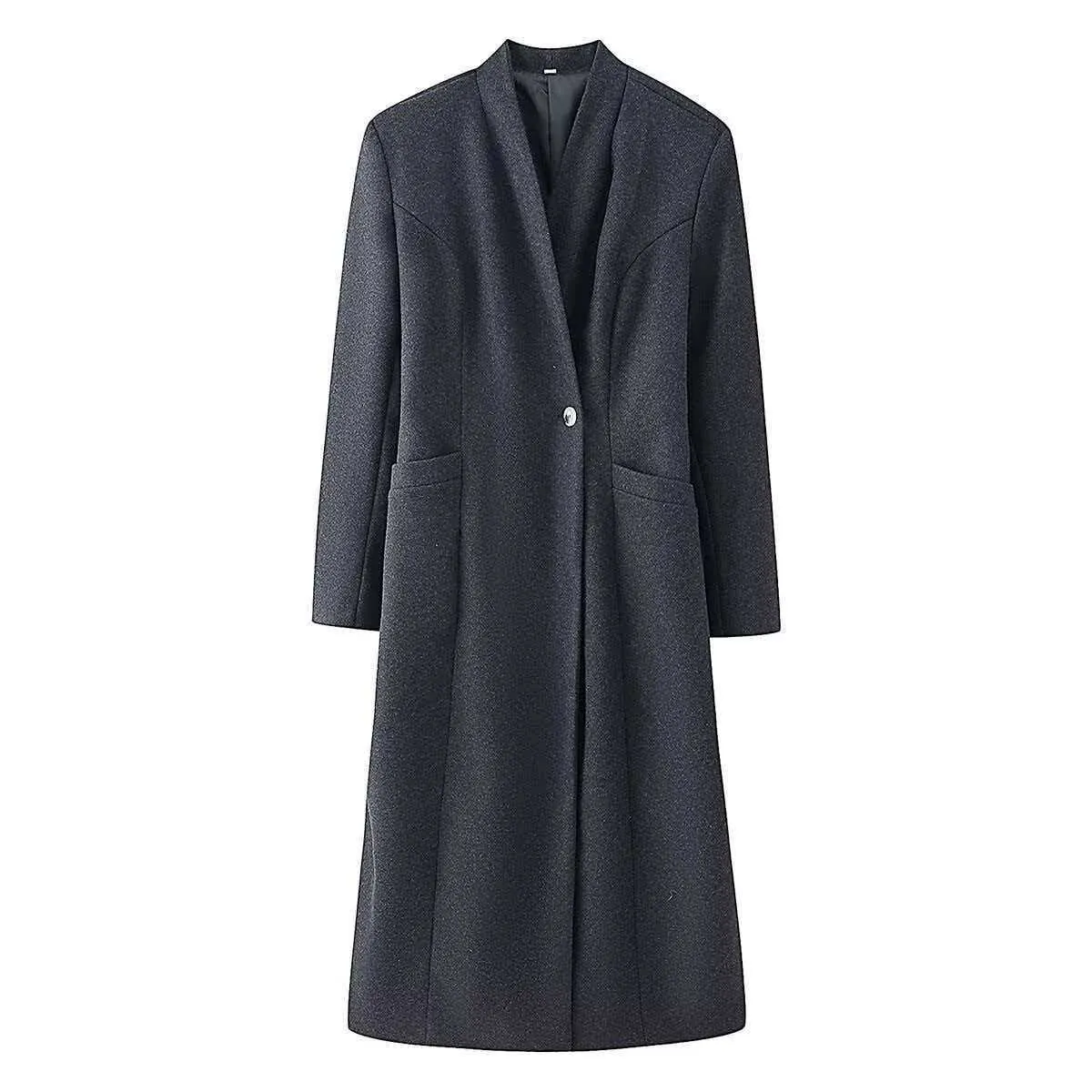 Elegant Minimalist Women Long Woolen Coat Solid Charcoal Grey Single Button Pocket V-Neck Autumn Winter Outerwear Jacket