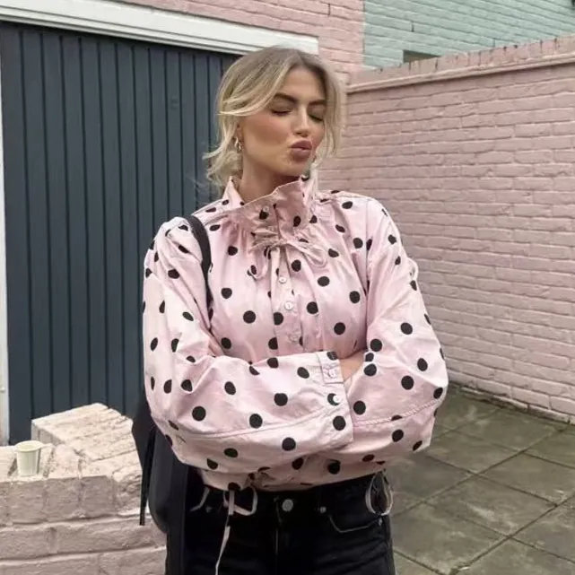 Casual Polka Dot Long Sleeve Jacket For Women Stand Collar Button Down Drawstring Hem Outerwear Vintage Printed Top
