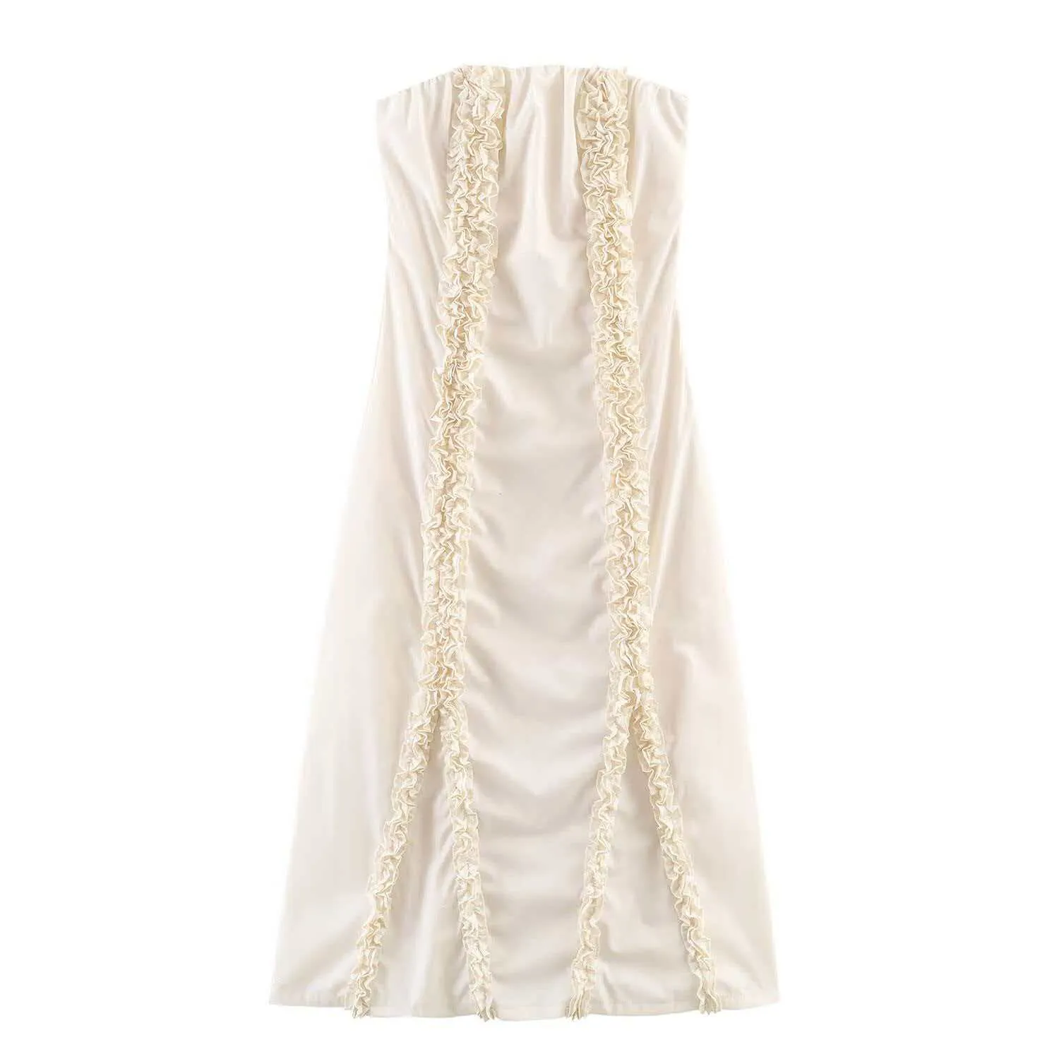 Dames Strapless Off-White Ruffle Midi Jurk Gelaagde Trim Slim A-Lijn Elegant Mouwloos Avondfeest Mode Jurk