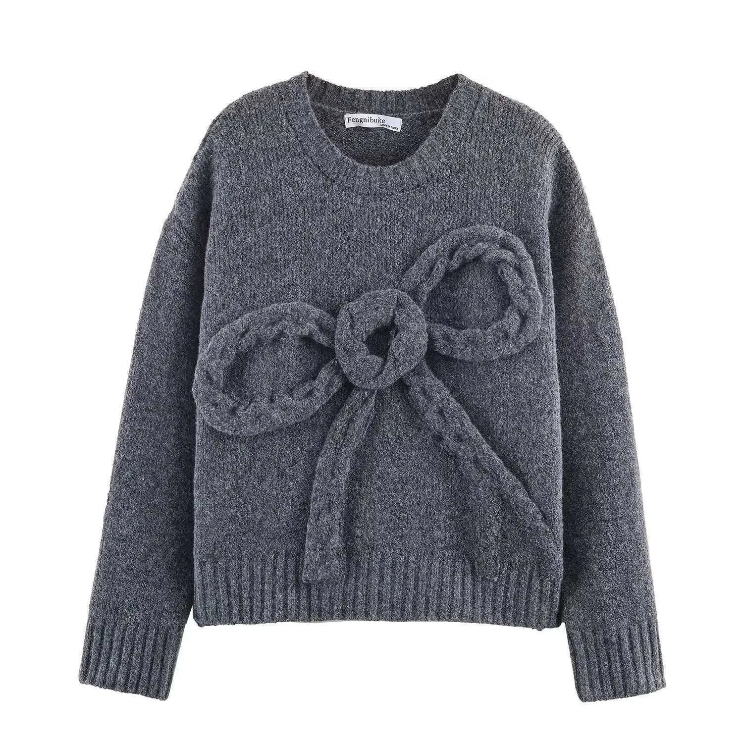 Pull en Tricot Décontracté pour Femmes avec Nœud 3D Col Rond Manches Longues Pullover Doux Extensible Top Uni