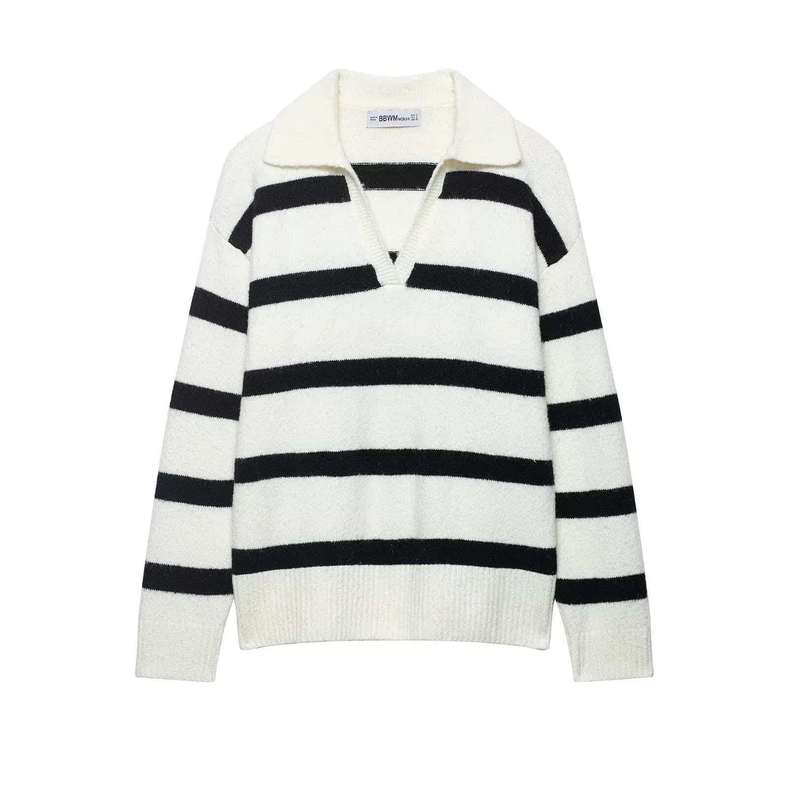 Women's Elegant V-Neck Black And White Striped Knit Sweater Long Sleeve Lapel Pullover Casual Commuting Tops