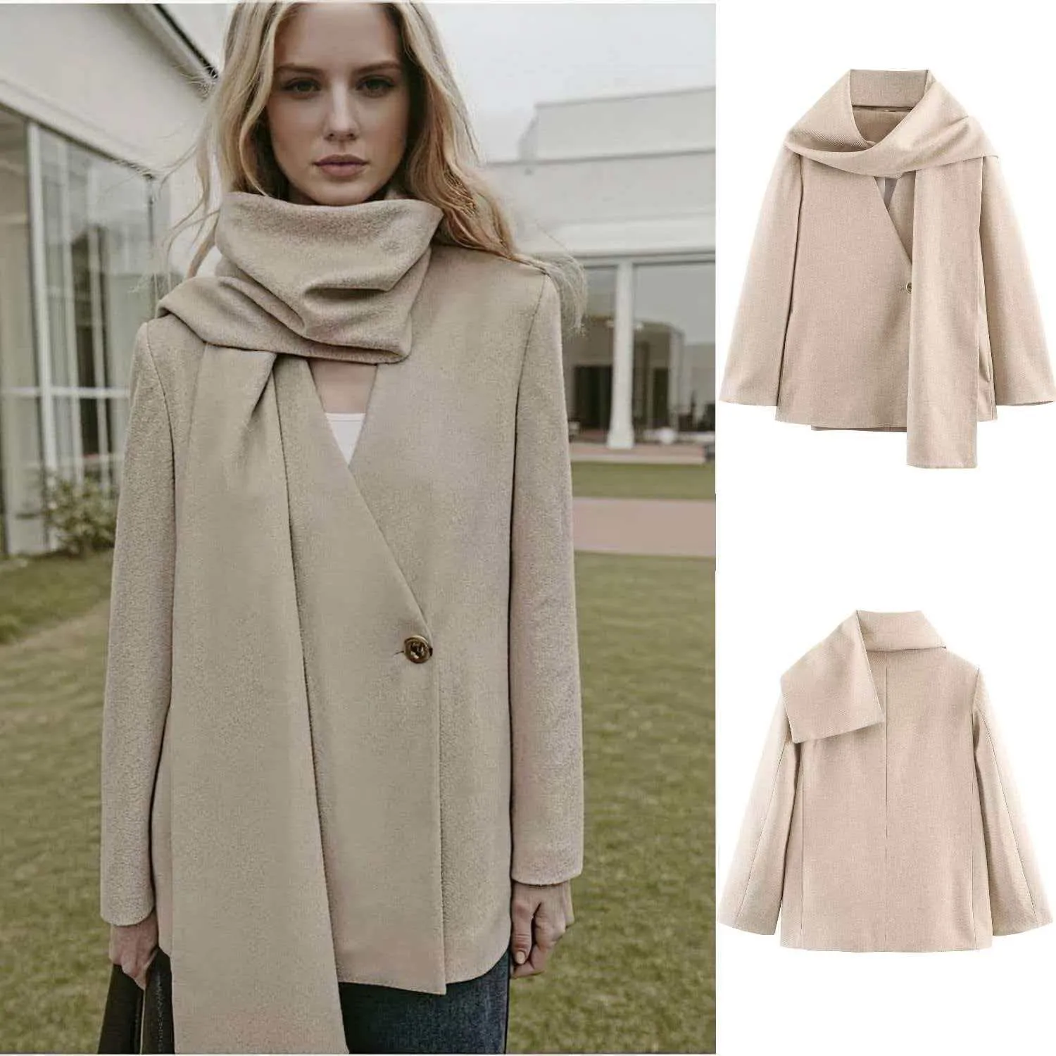 Giacca Blazer da Donna Elegante con Colletto a Sciarpa Tinta Unita Chiusura Asimmetrica Bottone Singolo Cappotto Oatmeal