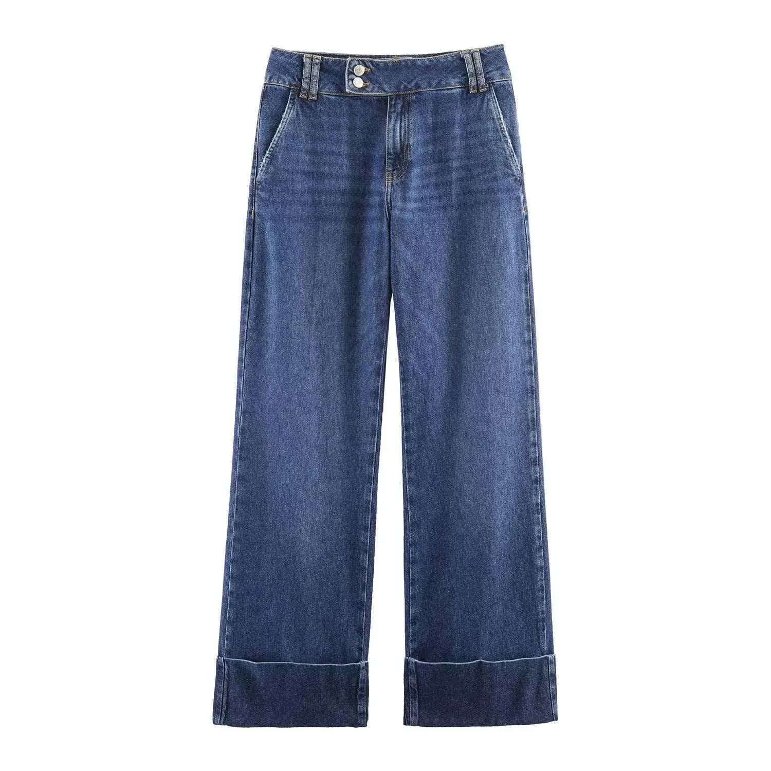 Women's Double Button Straight Wide Leg Jeans Cuffed Hem Washed Dark Blue Polyester Denim Pants Commuter Minimalist Style