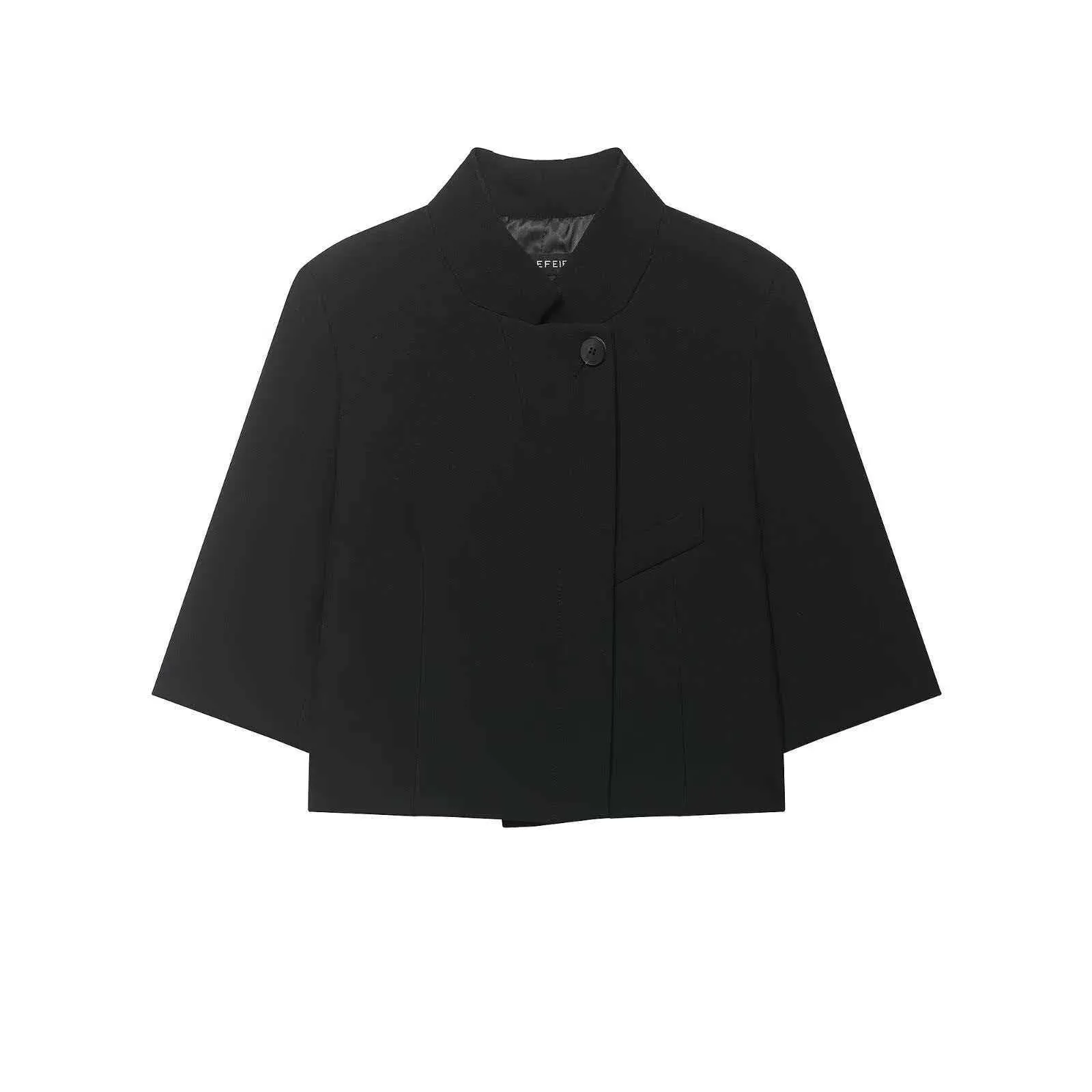 Women Casual Short Blazer Jacket Stand Collar 3/4 Sleeve Single Button Minimalist Solid Color Office Commuter Outerwear Top