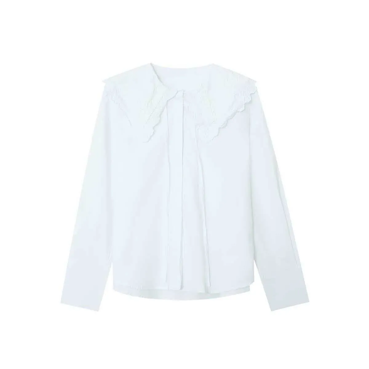 Chemisier Femme Col Claudine Polyester Manches Longues Couleur Unie Broderie Dentelle Ample Chemise Élégant Bureau Top