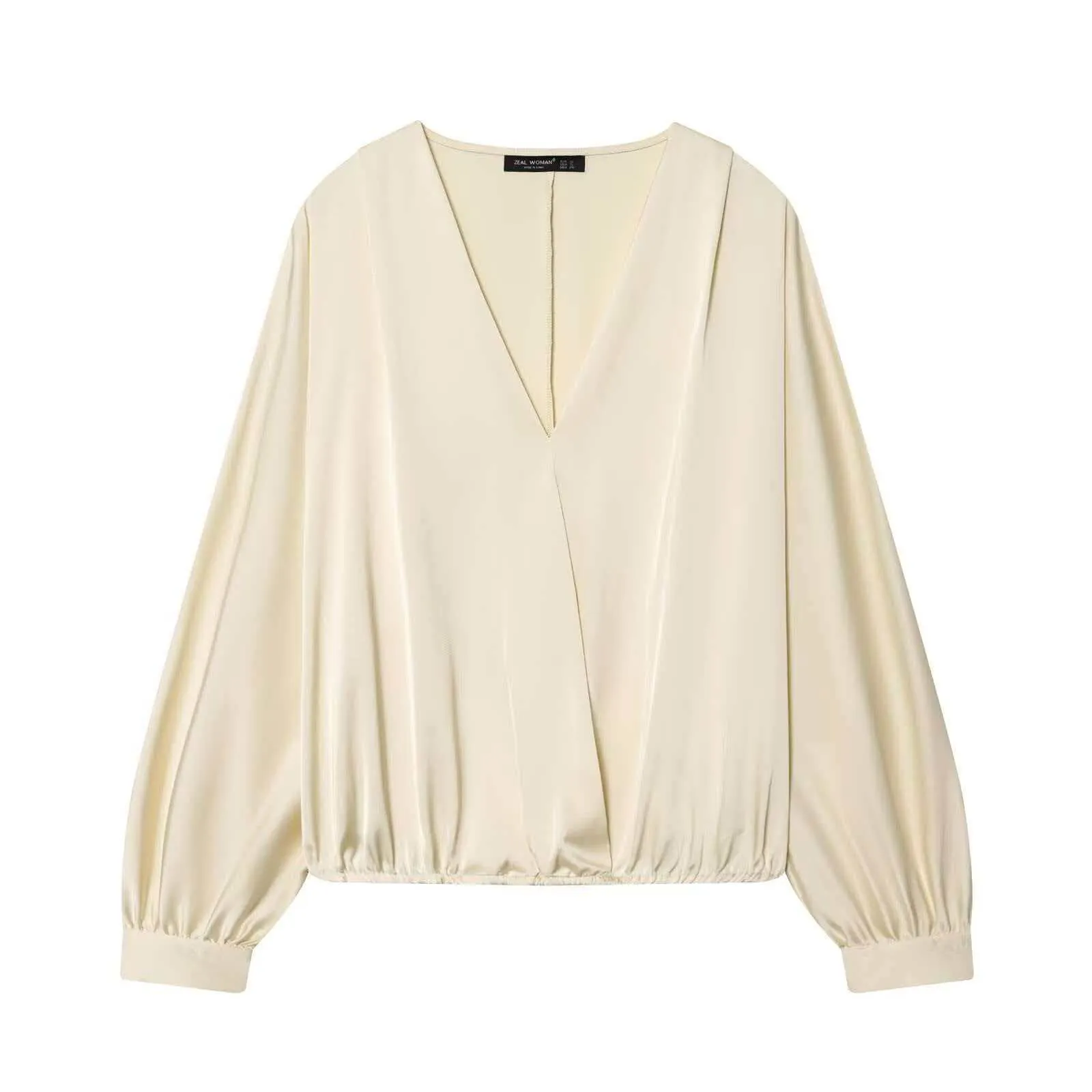 Women Elegant Satin V-Neck Blouse Lantern Sleeve Elastic Waist Solid Color Wrap Shirt Casual Office Lady Pullover Top