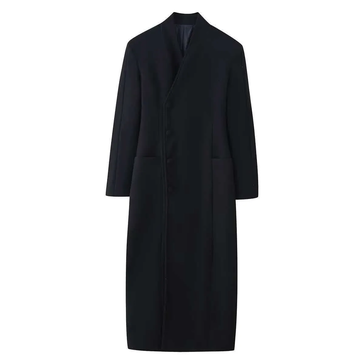 Women's Slim Fit Extra Long Woolen Coat Solid Color Fashion Stand Collar Single Breasted Warm Commuter Outerwear Jacket