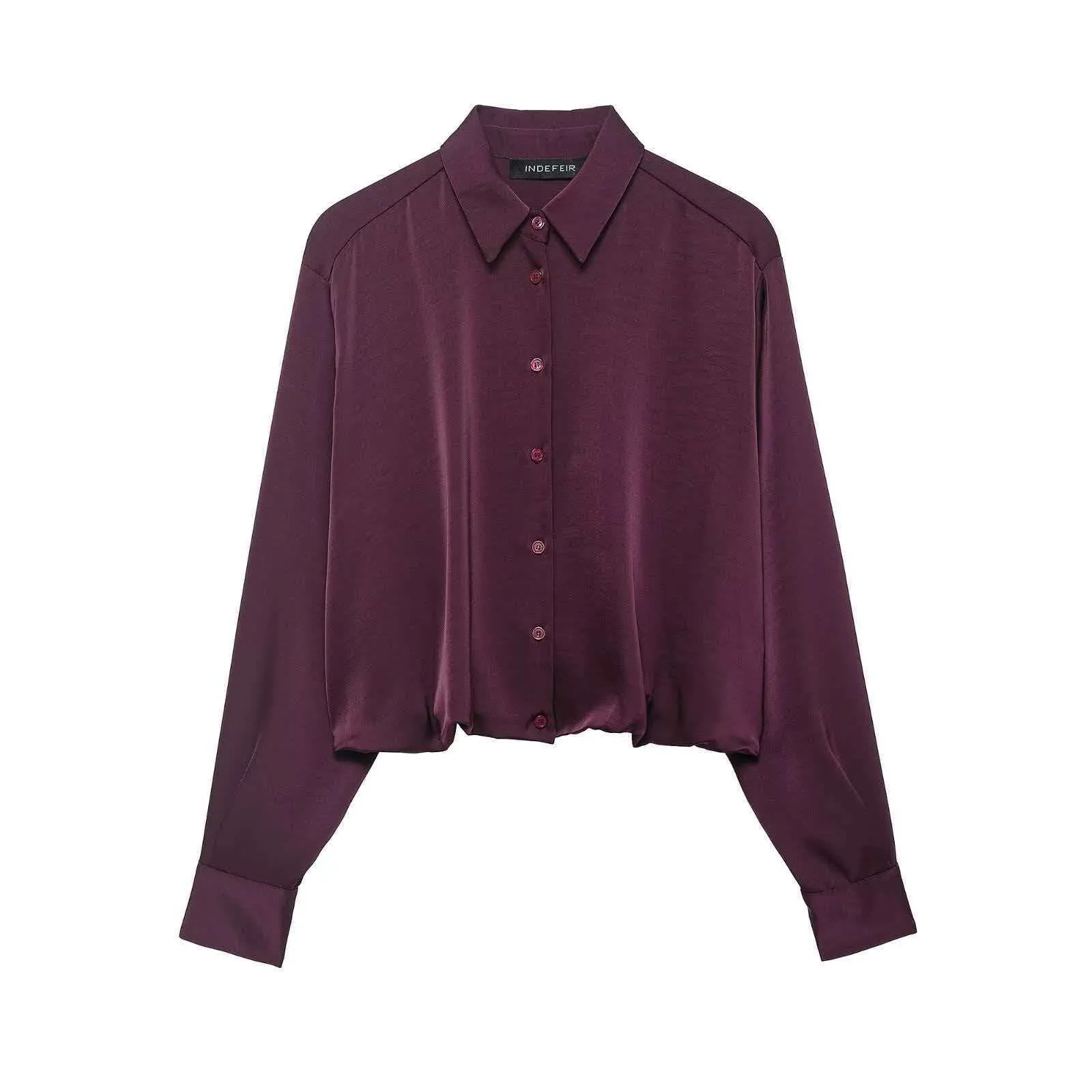 Women Elegant Satin Blouse Shirt Wine Red Long Sleeve Ruched Hem Button Down Casual Commute Office Lady Solid Color Top