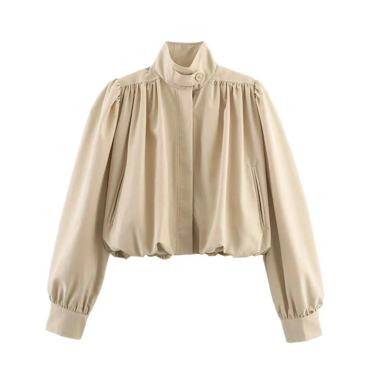 Women Casual Pleated Short Jacket Apricot Standing Collar Puffy Lantern Sleeve Solid Color Button Down Polyester Outerwear