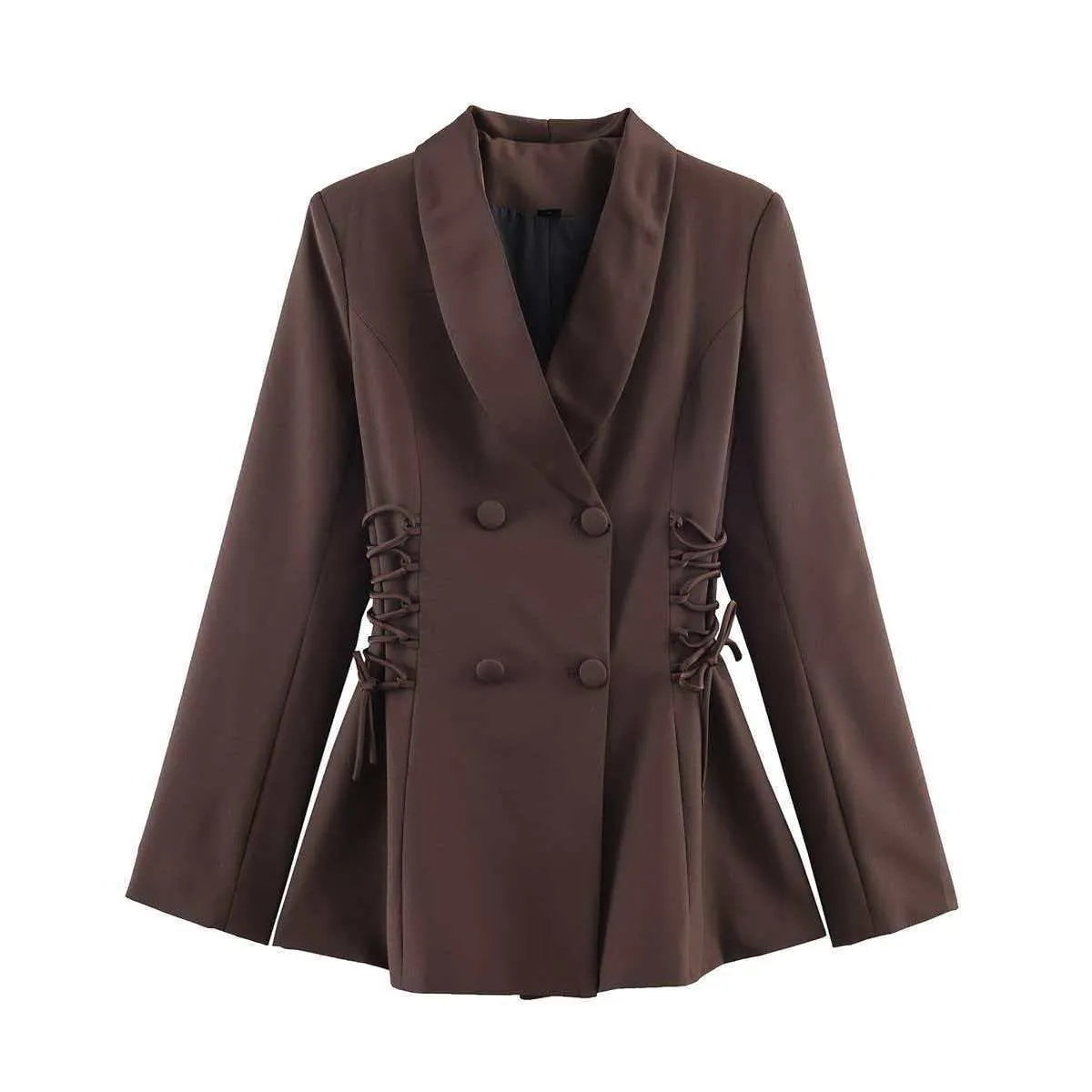 Women Elegant Shawl Collar Satin Splicing Blazer Side Lace-up Tie Waist Double Breasted Solid Color Coffee Suit Jacket