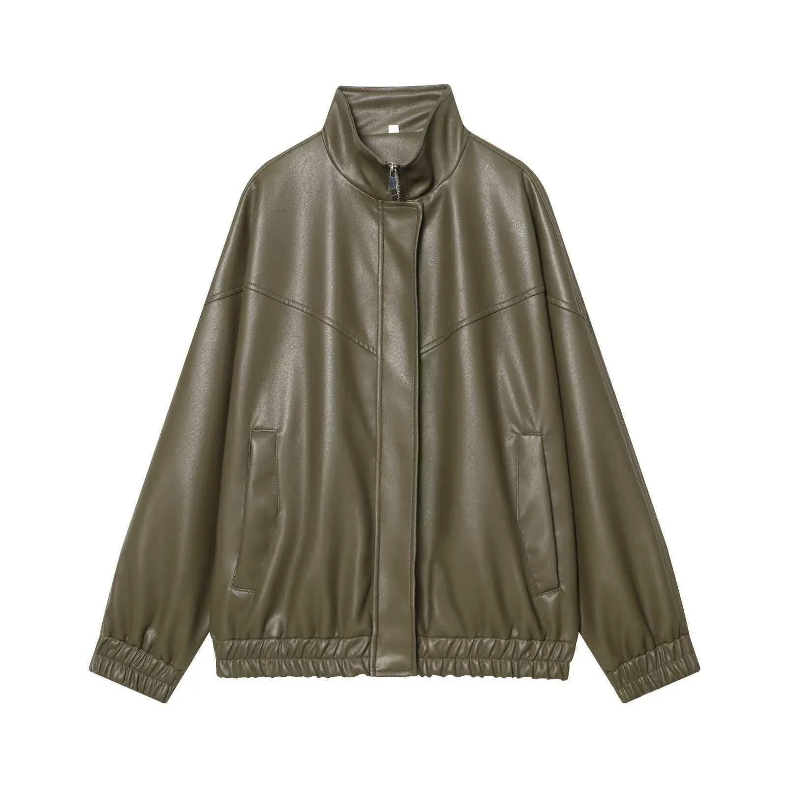 Giacca Bomber da Donna in Ecopelle Colletto in Piedi Verde Oliva Poliestere Pendolare Vestibilità Regolare Manica Lunga Cappotto Antivento