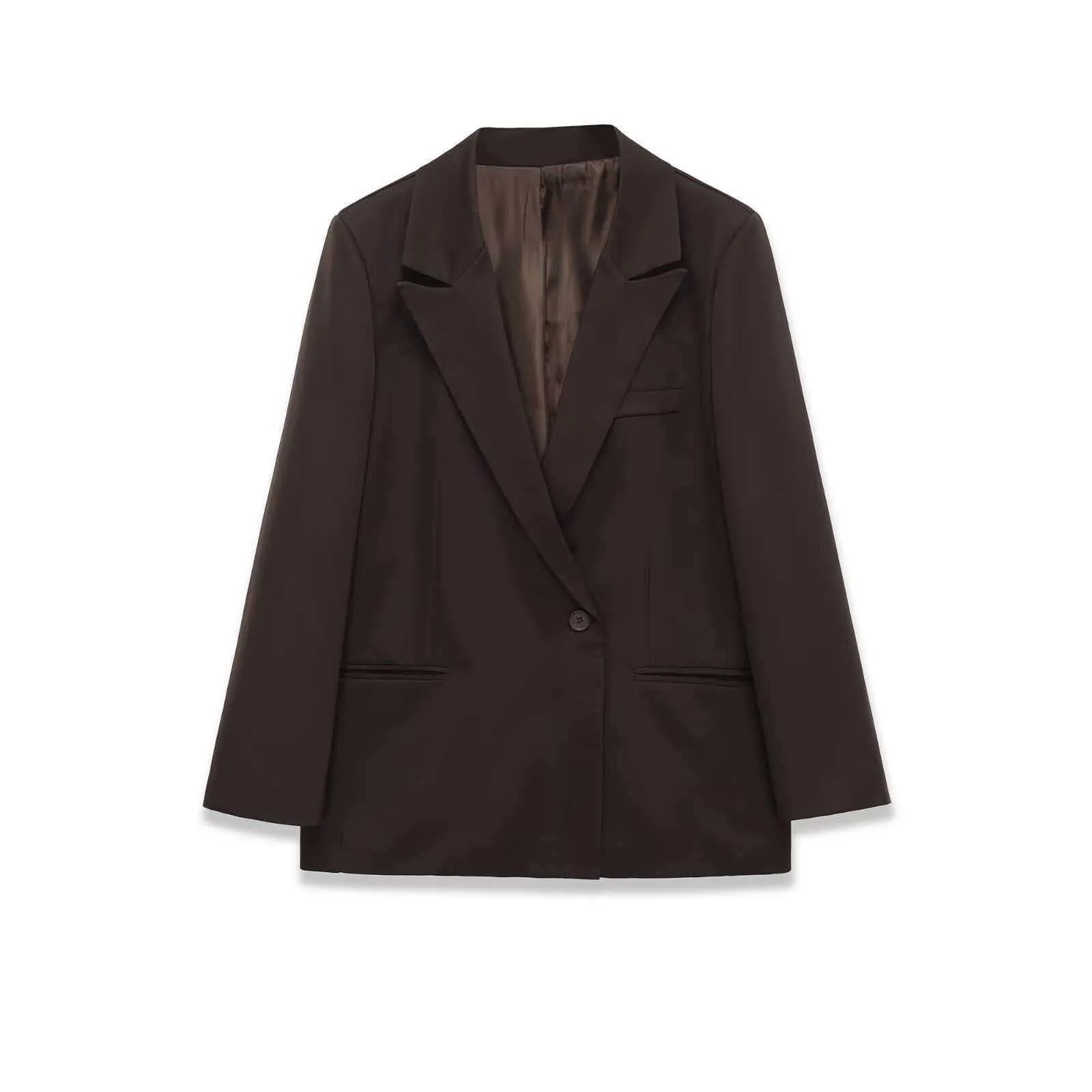 Women Casual Loose Deep Brown Polyester Blazer Jacket Single Button Notch Lapel Office Wear Solid Color Autumn Outerwear