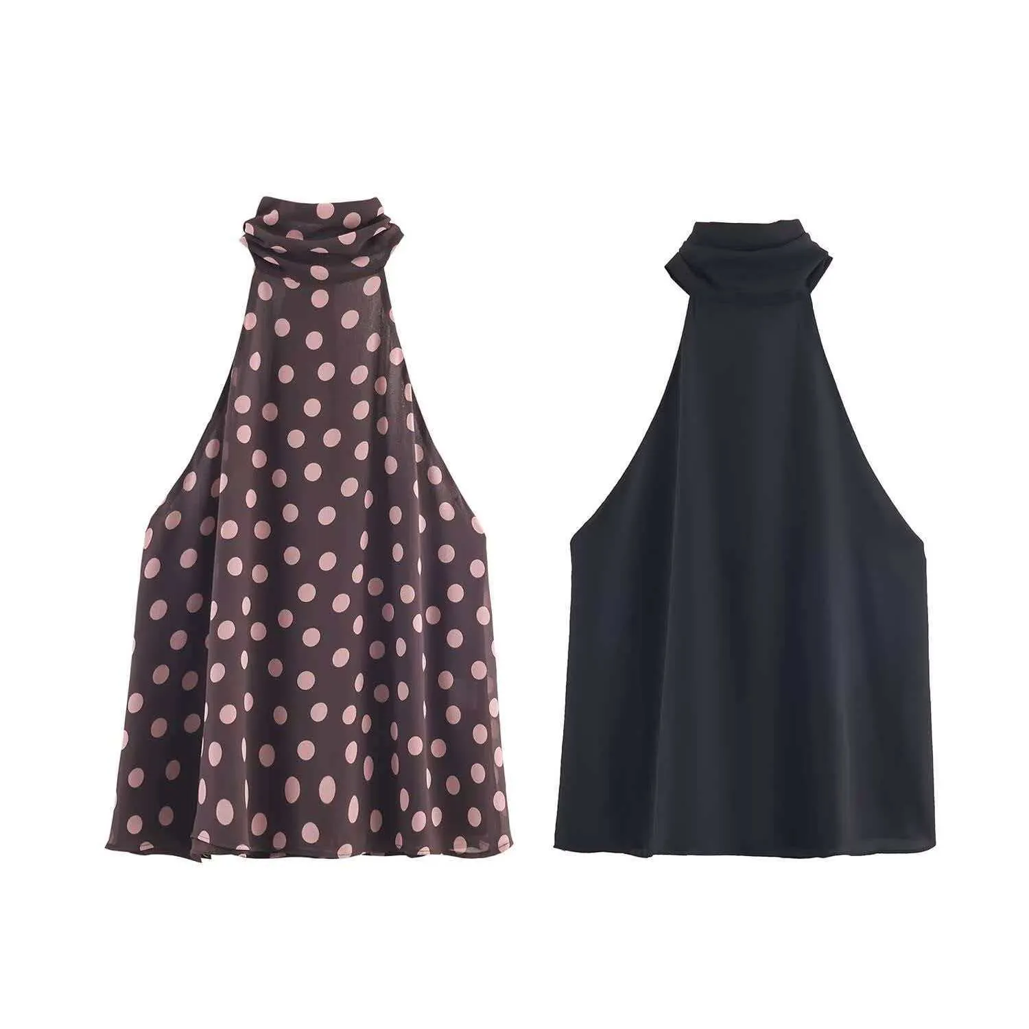 Women Summer Halter Neck Sleeveless Chiffon Top Elegant Bow Tie Back Polka Dot Solid Black Commute Tank Top For Lady