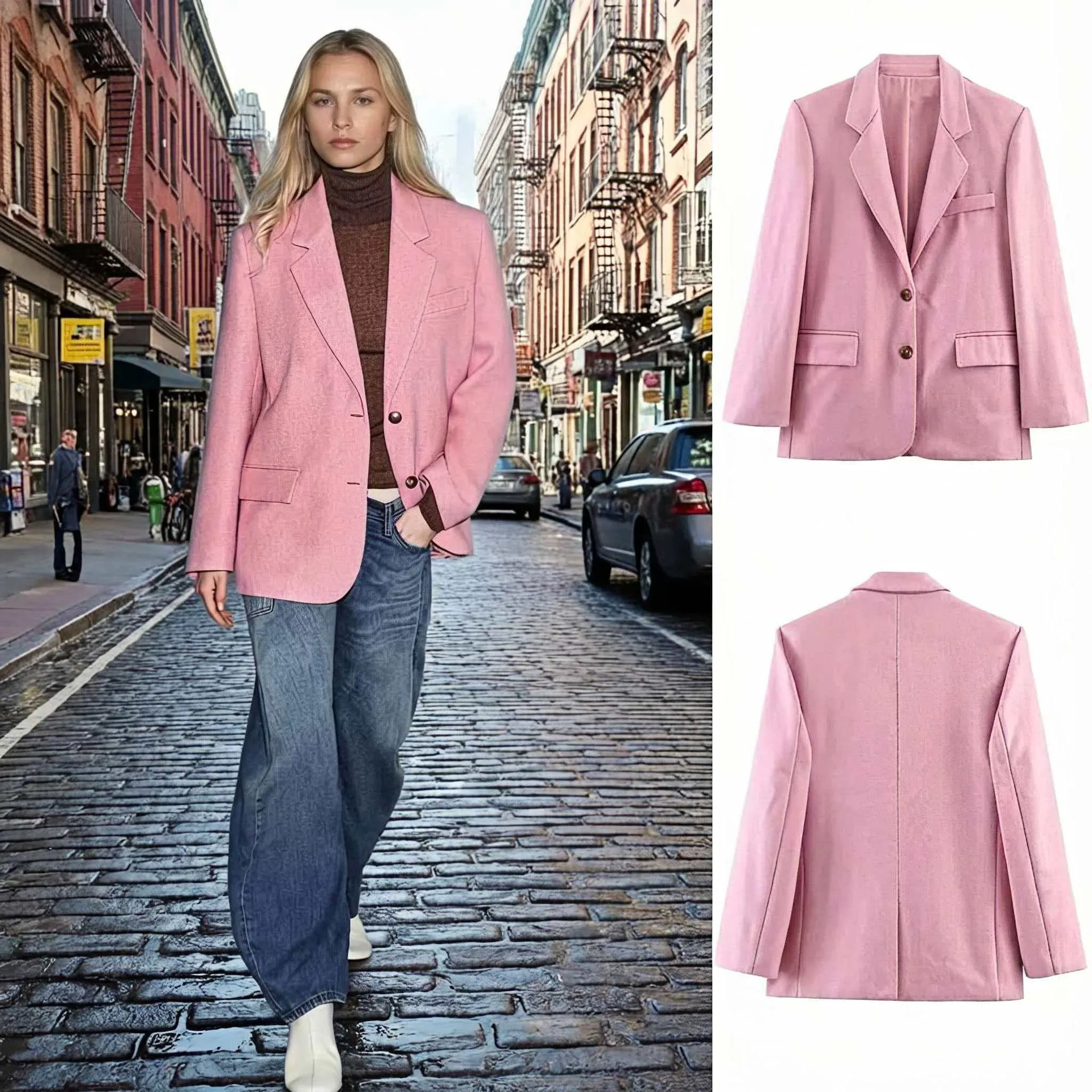 Women Oversized Pink Woolen Blazer Notched Lapel Double Button Long Sleeve Mid-Length Elegant Commuter Suit Jacket Coat
