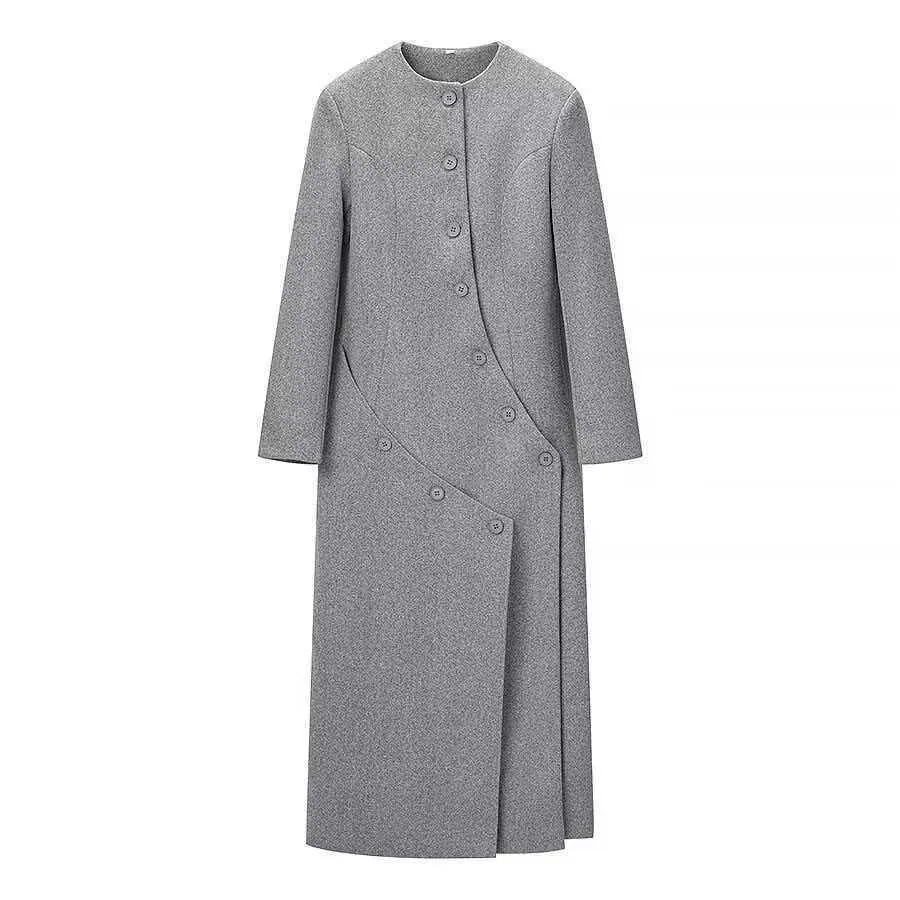 Women Elegant Grey Woolen Long Coat Irregular Single Breasted Button Round Neck Slim Fit Long Sleeve Overcoat Warm Outerwear
