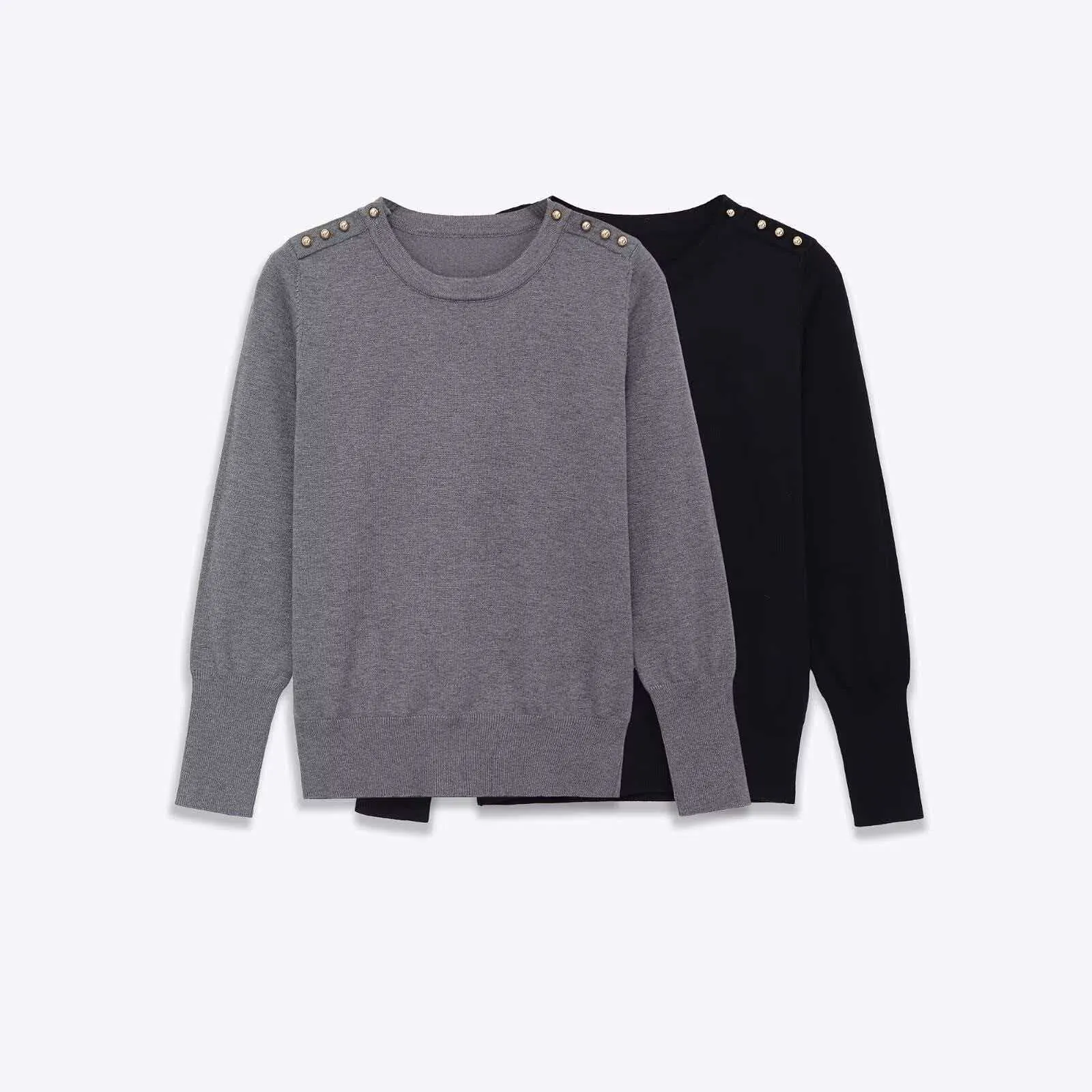 Women Casual Round Neck Long Sleeve Knit Sweater Shoulder Button Decoration Solid Color Pullover Top Elegant Knitwear
