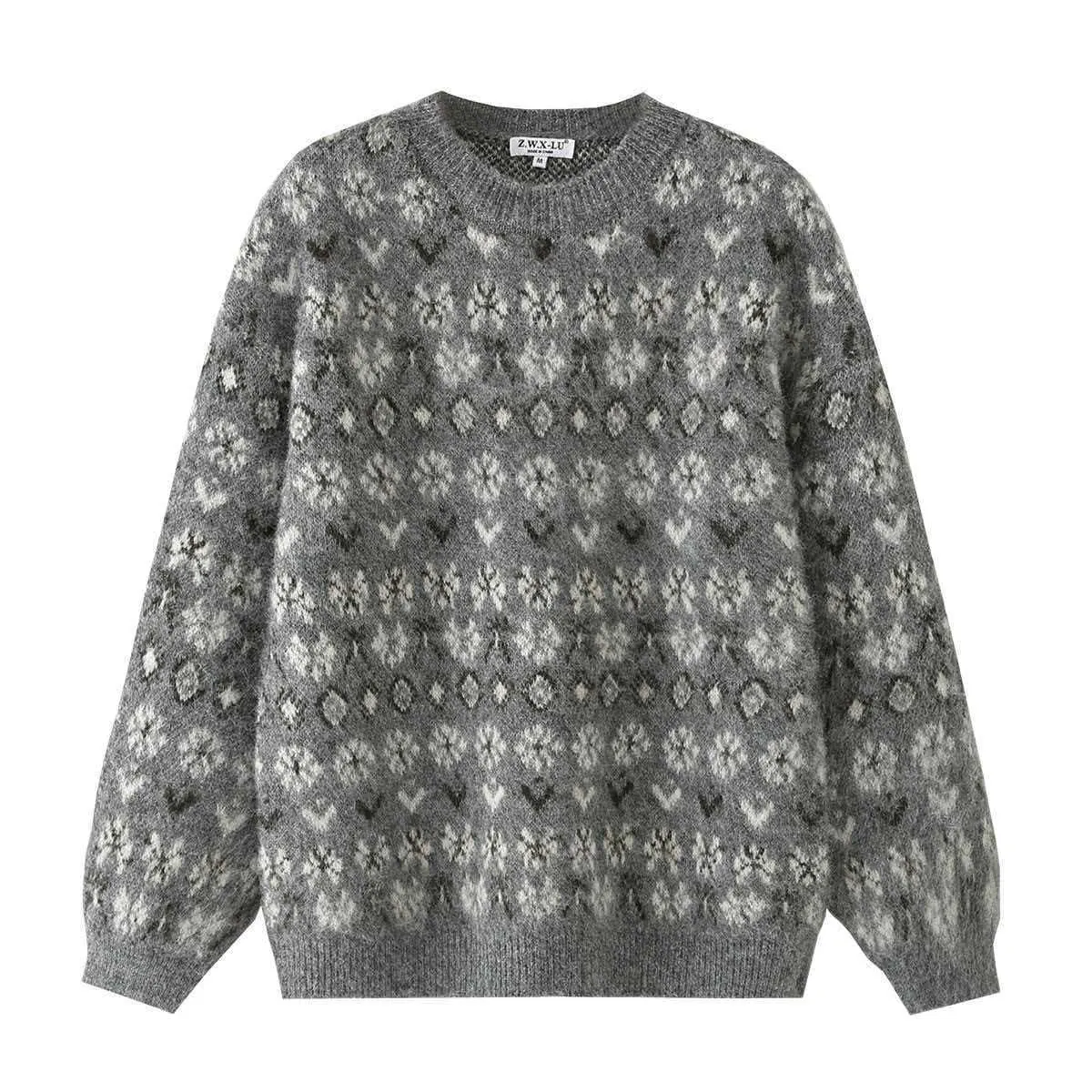 Women Round Neck Jacquard Knit Sweater Vintage Fair Isle Geometric Pattern Long Sleeve Brushed Thermal Pullover Top