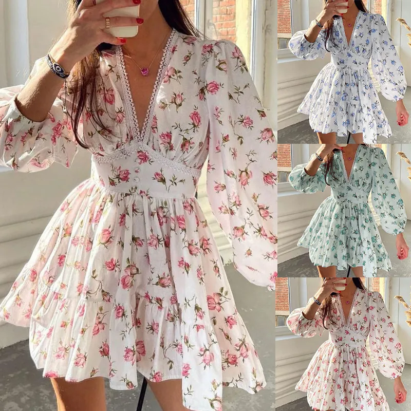 Elegant V-Neck Floral Print Lace Mini Dress With Lantern Sleeve Sweet French Retro High Waist Tiered Hem Dress For Women