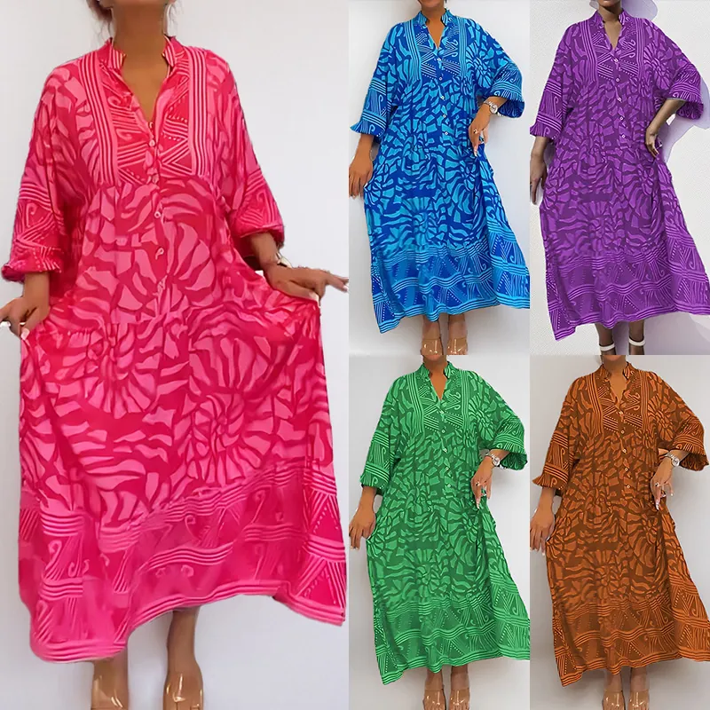 Women's V-Neck Abstract Print Maxi Dress Long Sleeve Loose Casual Vacation Kaftan Style Boho Tiered Long Dress