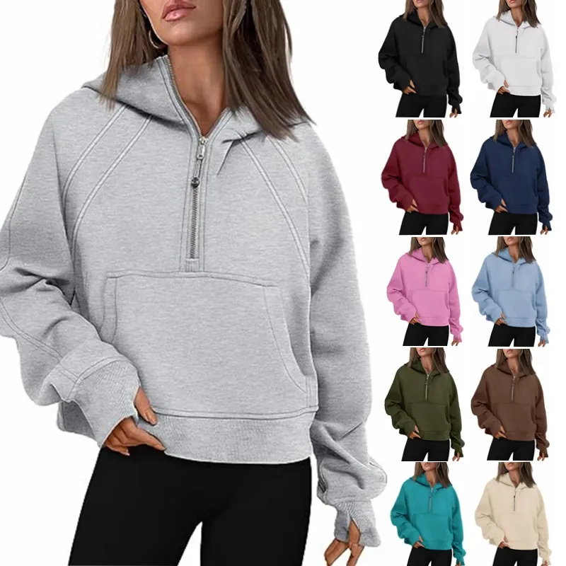 Women Casual Half Zip Hooded Sweatshirt Cotton Fleece Drop Shoulder Hoodie With Thumbholes Kangaroo Pocket Solid Color Sporty Top