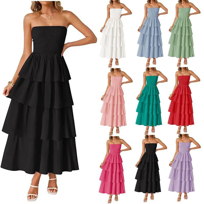 Women Strapless Tiered Smocked Maxi Dress Summer Polyester Solid Color Ruffle Boho Vacation Sleeveless Elegant Long Dress