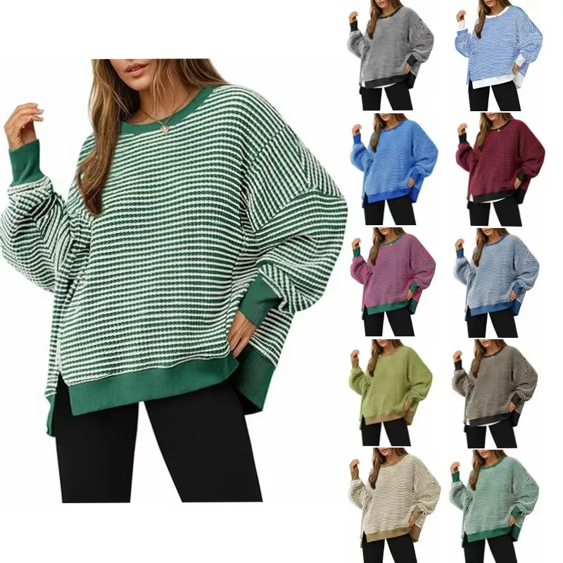 Sweat-shirt Rayé en Tricot Gaufre Décontracté pour Femmes Col Rond Manches Longues Fente Latérale Pull Oversize