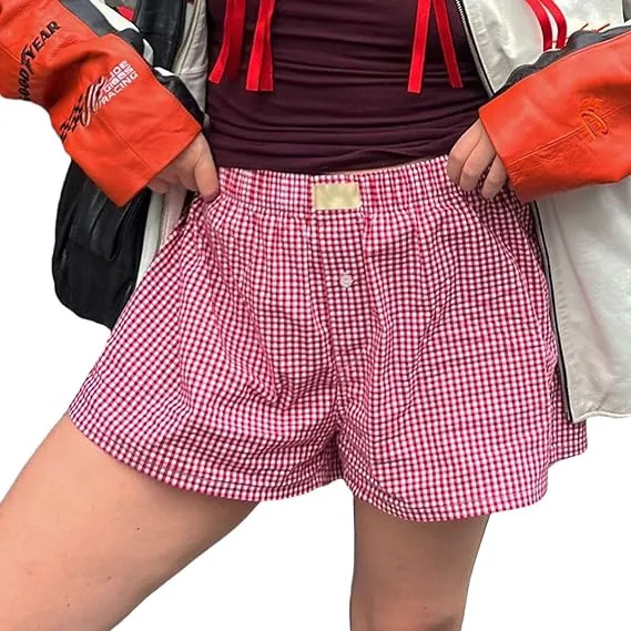 Women's Casual Cotton Blend High Waist Loose Wide Leg Retro Plaid Shorts Summer Beach Casual Shorts