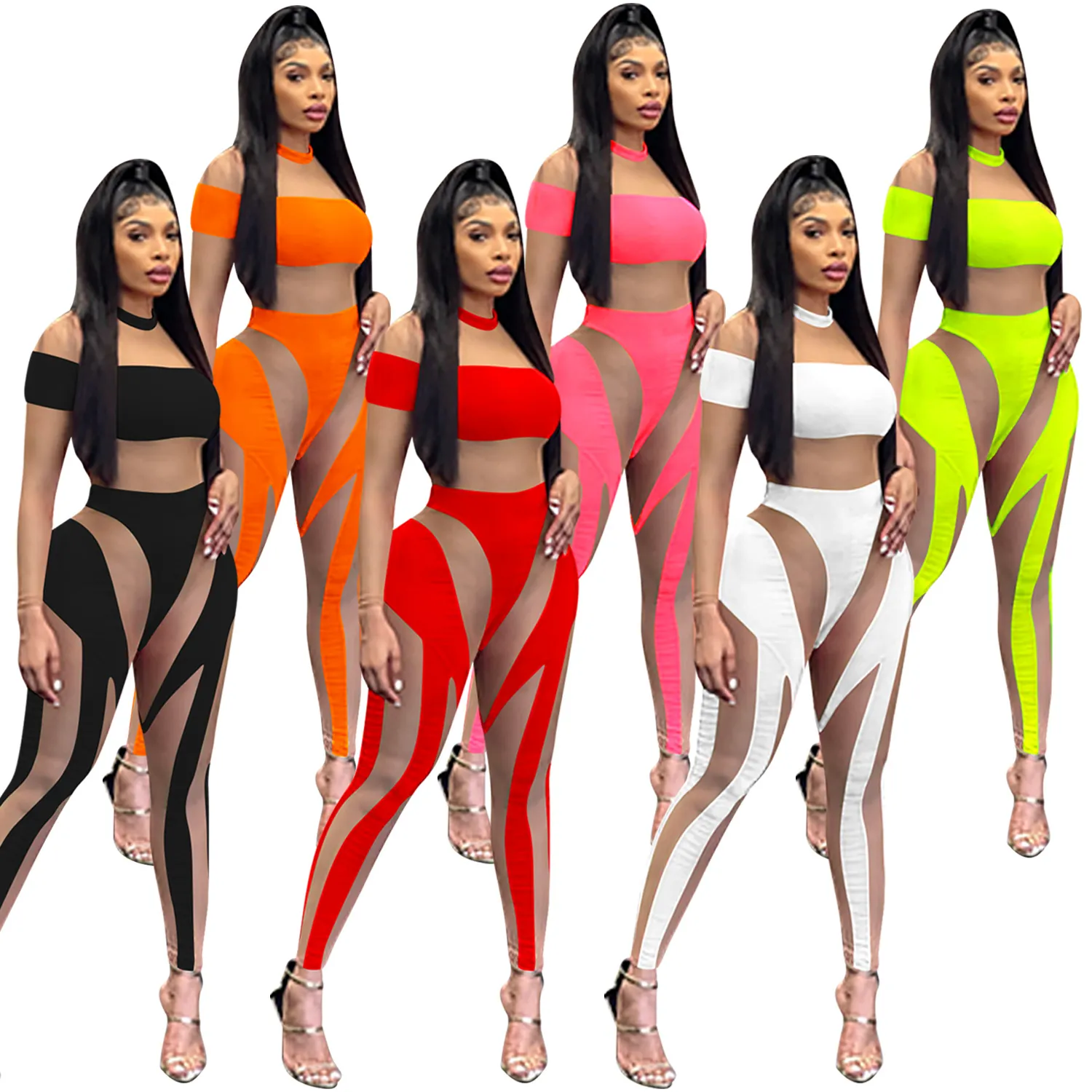 Sexy Damen Netzgewebe Spleißen Transparent Jumpsuit Polyester Elasthan Langarm Top And Bottom Clubwear Nachtclub Party Bodycon Outfits