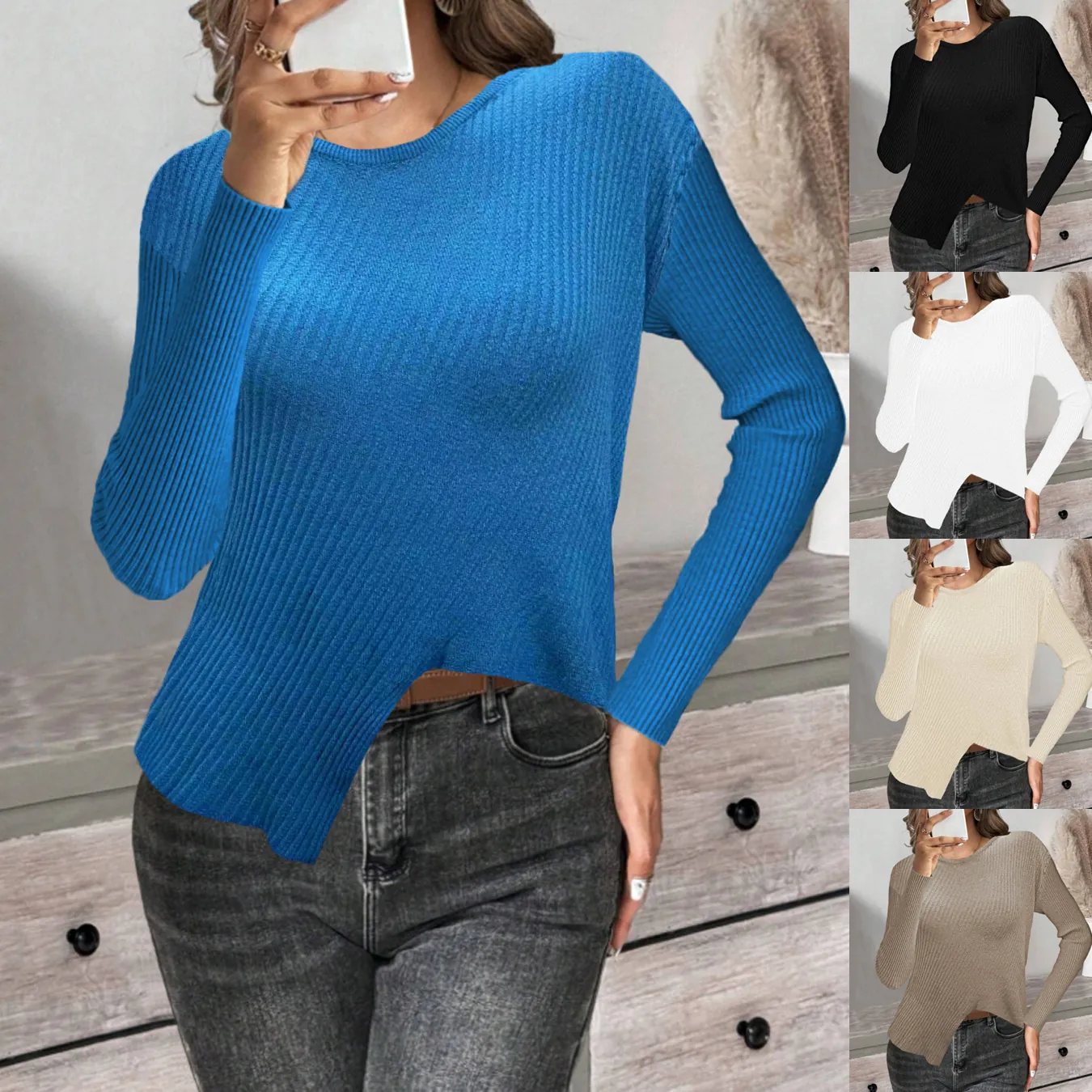Pull en Tricot Casual pour Femmes Manches Longues Col Rond Haut Côtelé Avec Ourlet Fendu Irrégulier Couleur Unie Mode