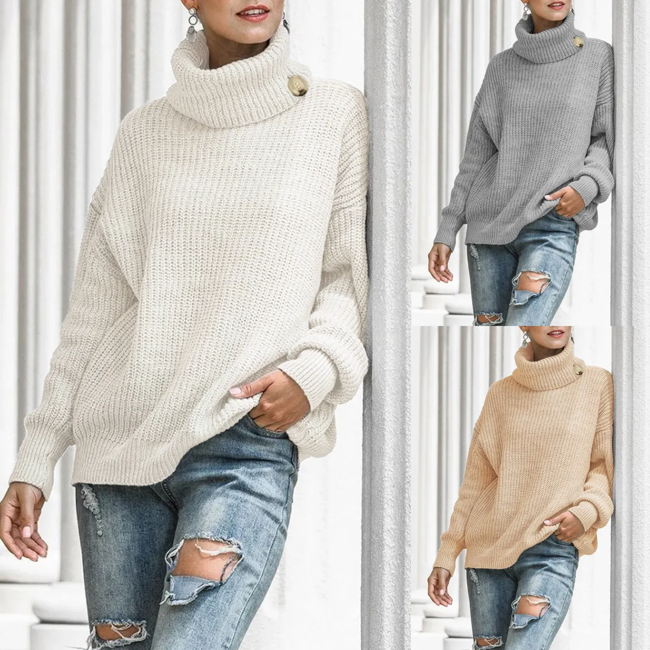 Women Casual Loose Turtleneck Sweater Knitted Pullover With Buttons Autumn Winter Long Sleeve Solid Color Warm Top